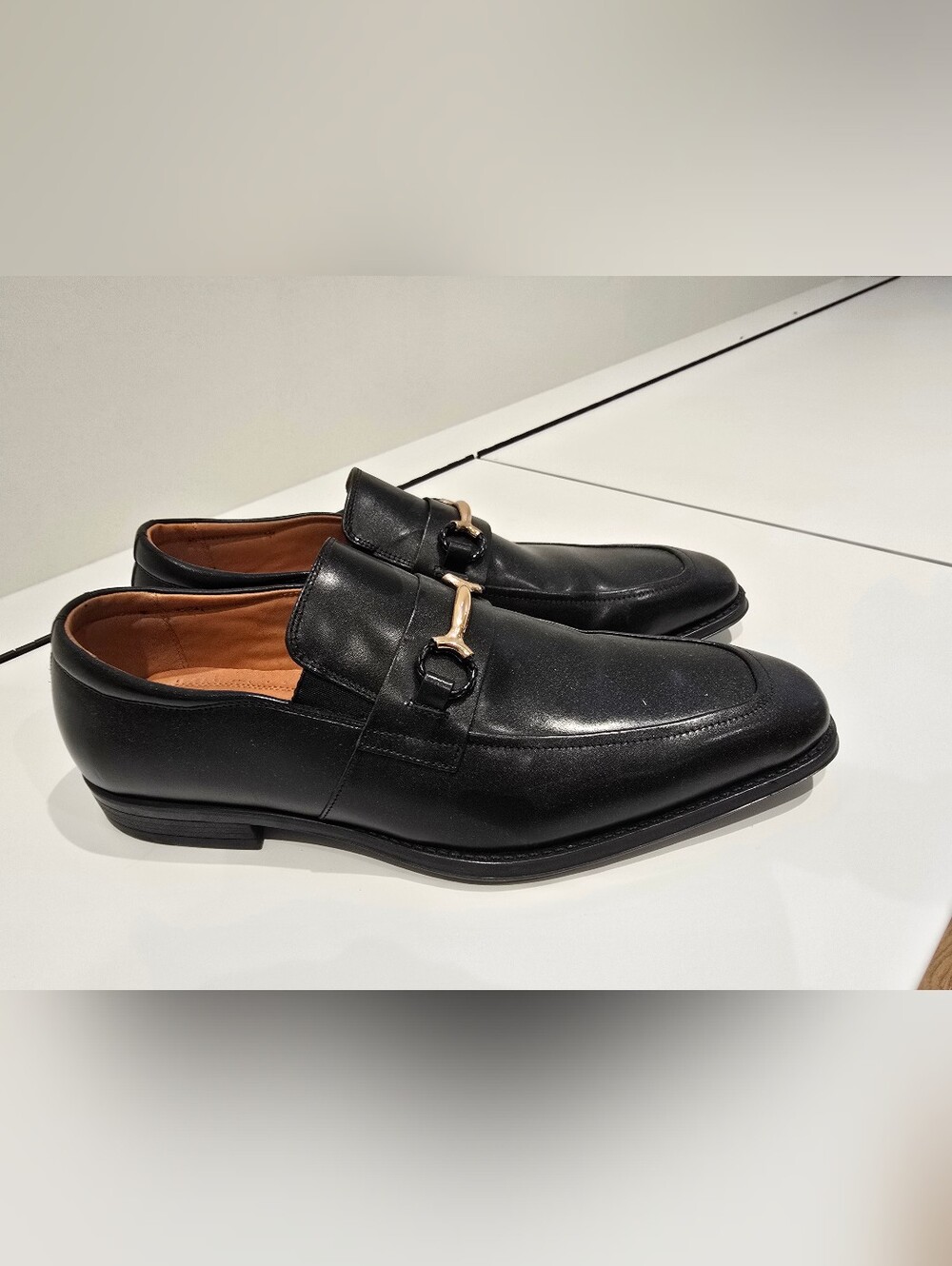 Men's Black Leather Slip-On Loafers with Gold Bit Detail